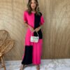 Vestido Longo de Malha Manga Curta Pink e Preto Fernanda Ramos Store