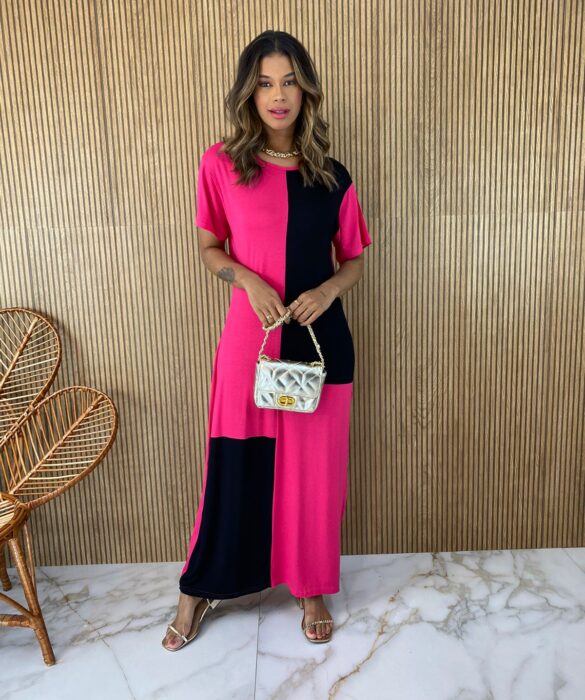 Vestido Longo de Malha Manga Curta Pink e Preto Fernanda Ramos Store