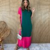 Vestido Longo de Malha Manga Curta Verde e Pink Fernanda Ramos Store