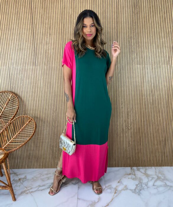 Vestido Longo de Malha Manga Curta Verde e Pink Fernanda Ramos Store