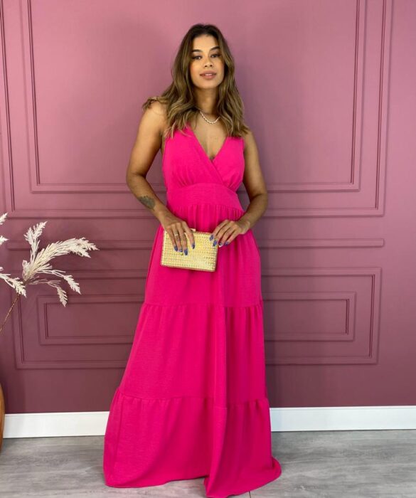 Vestido Longo em Camadas com Bojo e Alça Regulável Pink - Fernanda Ramos Store