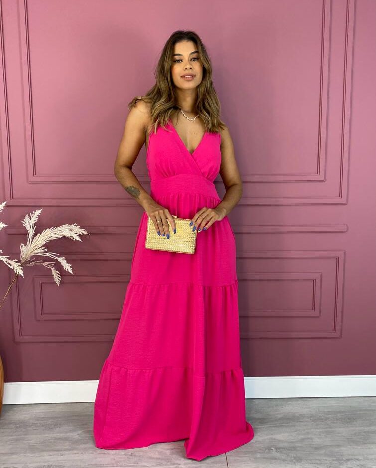 Vestido Longo em Camadas com Bojo e Alça Regulável Pink - Fernanda Ramos Store