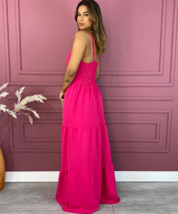 Vestido Longo em Camadas com Bojo e Alça Regulável Pink - Fernanda Ramos Store