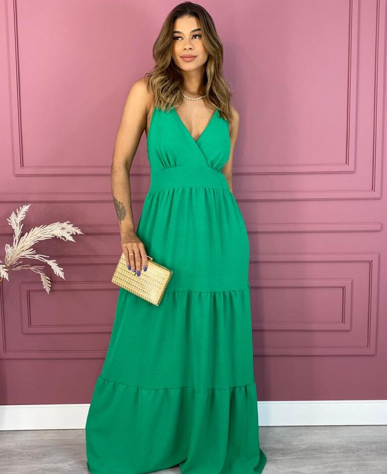 Vestido Longo em Camadas com Bojo e Alça Regulável Verde Fernanda Ramos Store