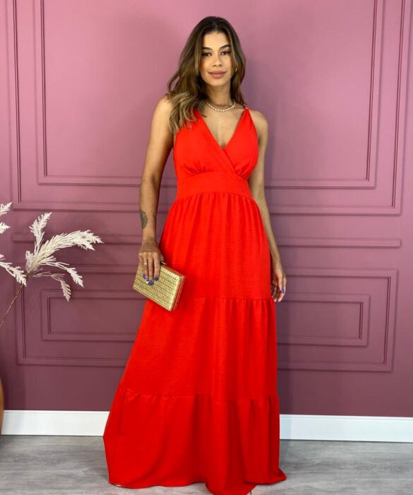 Vestido Longo em Camadas com Bojo e Alça Regulável Vermelho Fernanda Ramos Store