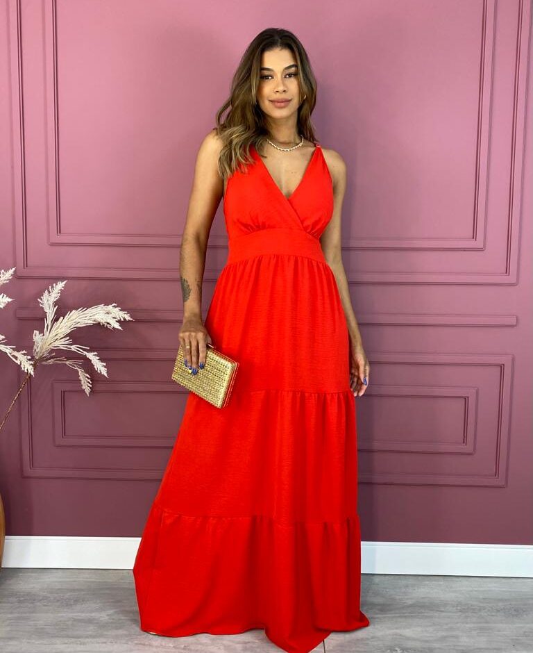 Vestido Longo em Camadas com Bojo e Alça Regulável Vermelho Fernanda Ramos Store