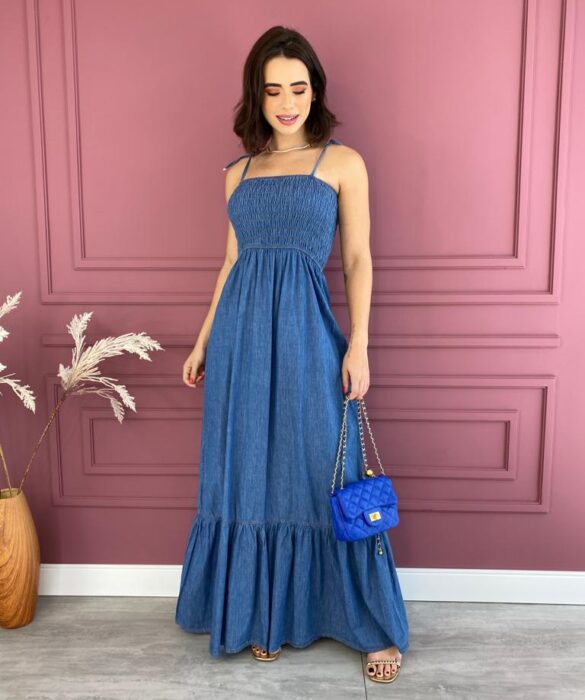 Vestido Longo Jeans Lastex Alças com Amarração Fernanda Ramos Store