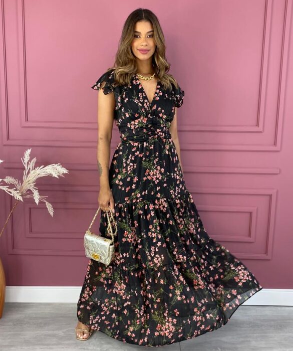 Vestido Longo Manga Curta sem Bojo Crepe Floral Preto Fernanda Ramos Store