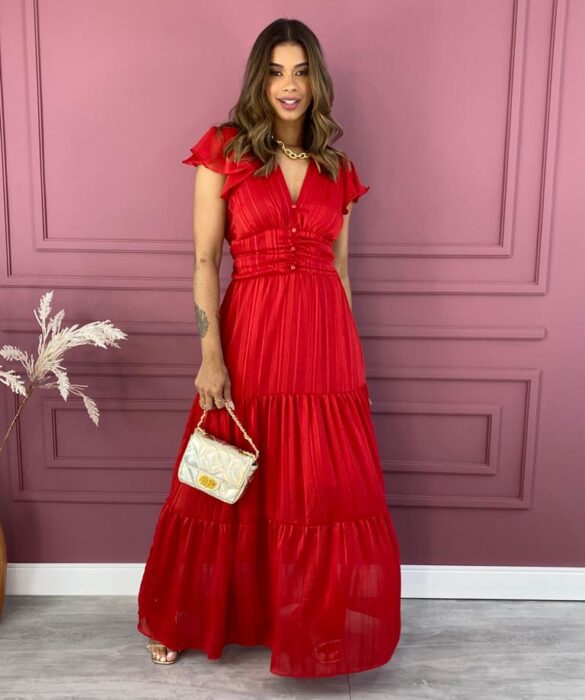 Vestido Longo Manga Curta sem Bojo Crepe Vermelho Fernanda Ramos Store