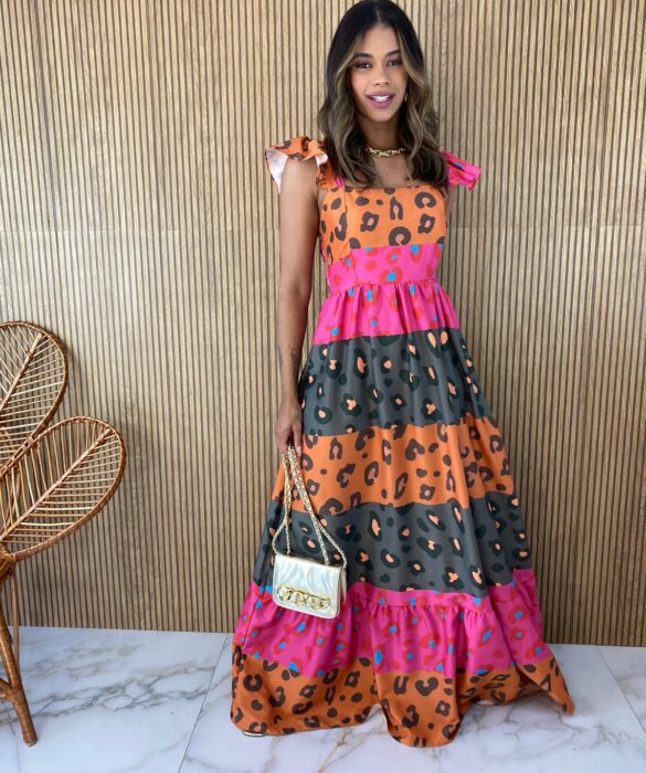 Vestido Longo sem Bojo Animal Print Estampado Alça Babados Fernanda Ramos Store