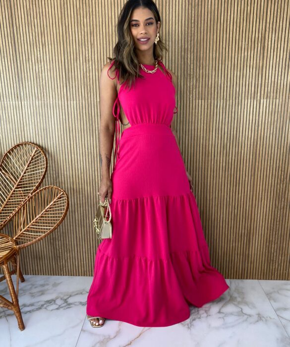 Vestido Longo sem Bojo com Abertura e Amarrações Pink Fernanda Ramos Store