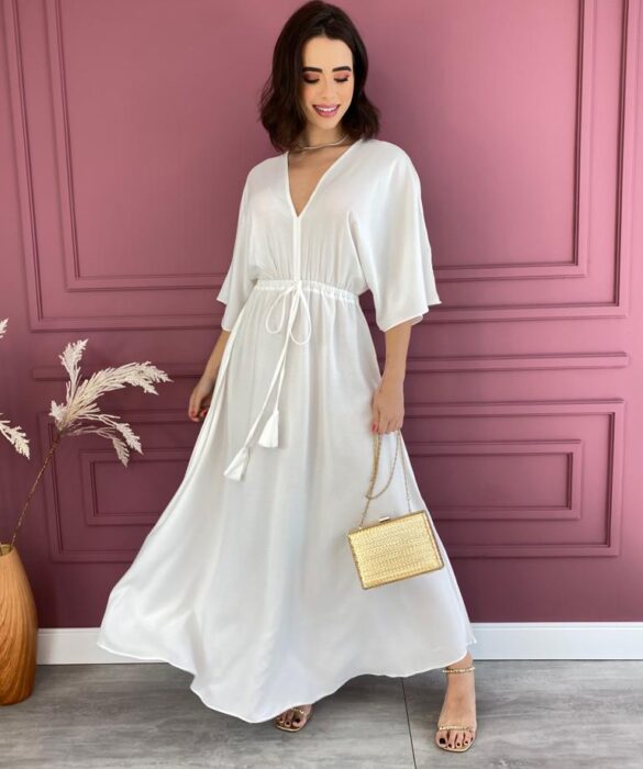 Vestido Longo sem Bojo com Amarração Manga 3/4 Branco Fernanda Ramos Store