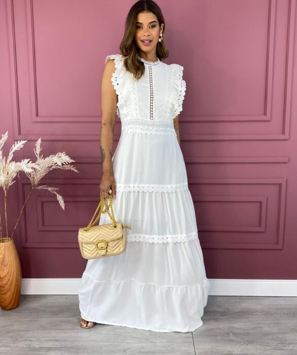 Vestido Longo sem Bojo com Detalhes Redondos Branco - Fernanda Ramos Store