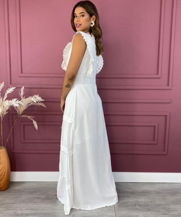 Vestido Longo sem Bojo com Detalhes Redondos Branco - Fernanda Ramos Store