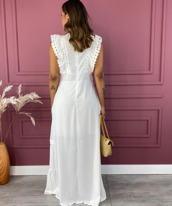 Vestido Longo sem Bojo com Detalhes Redondos Branco - Fernanda Ramos Store