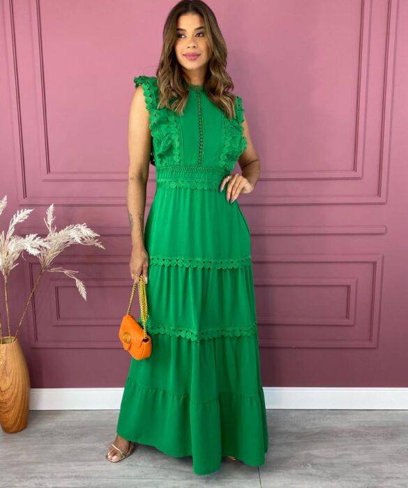 Vestido Longo sem Bojo com Detalhes Redondos Verde Fernanda Ramos Store