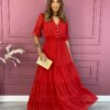 Vestido Longo sem Bojo com Relevo e Botões Vermelho Fernanda Ramos Store