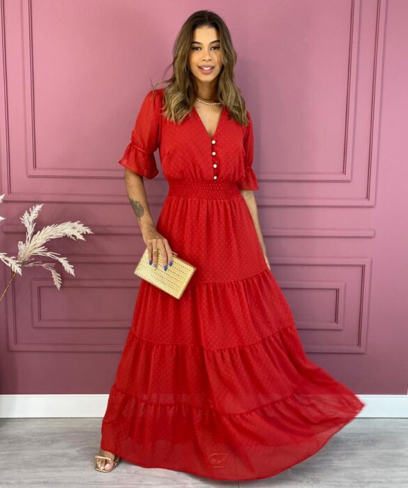 Vestido Longo sem Bojo com Relevo e Botões Vermelho Fernanda Ramos Store