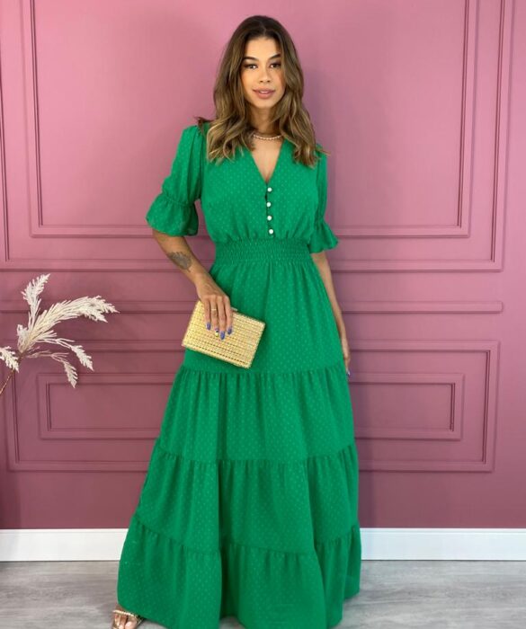 Vestido Longo sem Bojo com Relevo e Botões Verde Fernanda Ramos Store