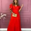 Vestido Longo sem Bojo Decote V Manga com Babado Vermelho Fernanda Ramos Store