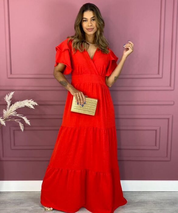 Vestido Longo sem Bojo Decote V Manga com Babado Vermelho Fernanda Ramos Store