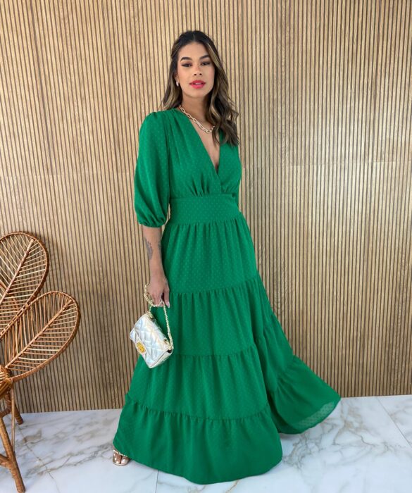 Vestido Longo sem Bojo Decote V Verde Fernanda Ramos Store