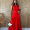 Vestido Longo sem Bojo com Abertura e Amarrações Vermelho Fernanda Ramos Store