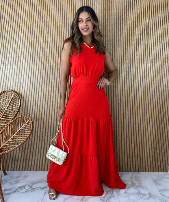 Vestido Longo sem Bojo com Abertura e Amarrações Vermelho Fernanda Ramos Store