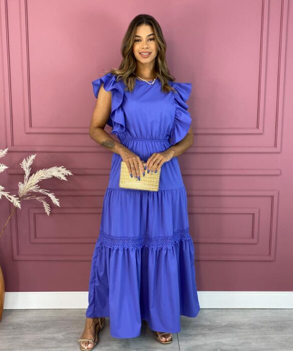 Vestido Longo sem Bojo Detalhes em Babados Roxo Fernanda Ramos Store