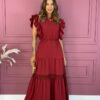 Vestido Longo sem Bojo Detalhes em Babados Marsala Fernanda Ramos Store