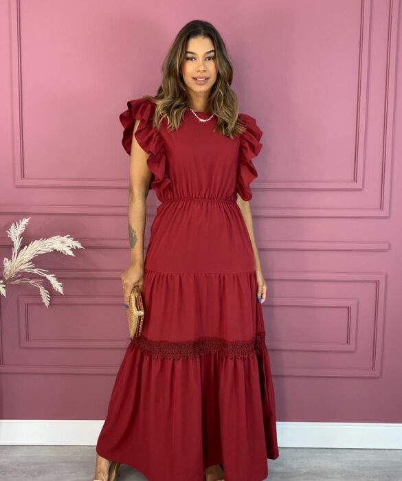 Vestido Longo sem Bojo Detalhes em Babados Marsala Fernanda Ramos Store