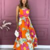 Vestido Longo sem Bojo Floral Pink e Laranja com Amarração Fernanda Ramos Store