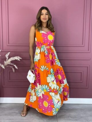 Vestido Longo sem Bojo Floral Pink e Laranja com Amarração Fernanda Ramos Store