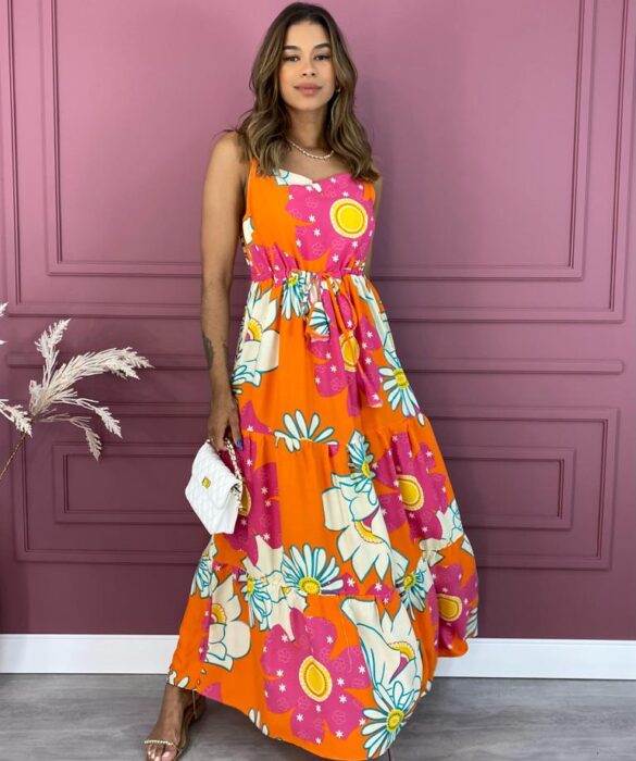 Vestido Longo sem Bojo Floral Pink e Laranja com Amarração Fernanda Ramos Store