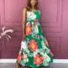 Vestido Longo sem Bojo Floral Verde e Rosa com Amarração Fernanda Ramos Store