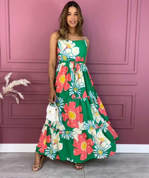 Vestido Longo sem Bojo Floral Verde e Rosa com Amarração Fernanda Ramos Store