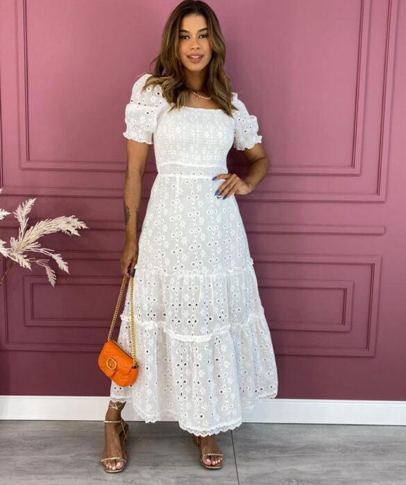 Vestido Longo sem Bojo Laise com Lastex Branco Fernanda Ramos Store