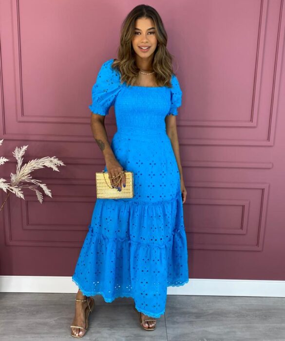 Vestido Longo sem Bojo Laise com Lastex Azul Fernanda Ramos Store