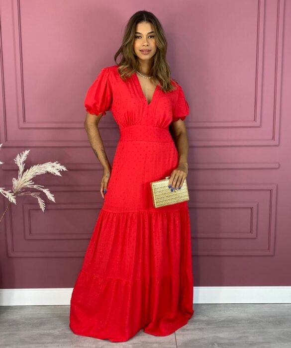 Vestido Longo sem Bojo Manga Curta Pipoquinha Vermelho Fernanda Ramos Store