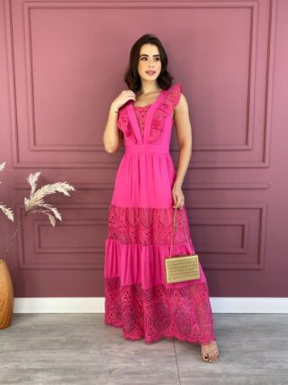 Vestido Longo sem Bojo Pink com Detalhes e Zíper Lateral Fernanda Ramos Store