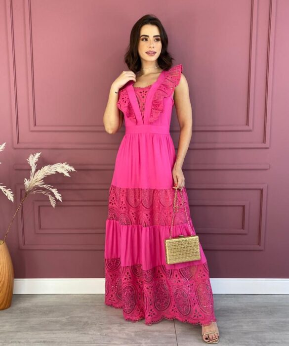 Vestido Longo sem Bojo Pink com Detalhes e Zíper Lateral Fernanda Ramos Store