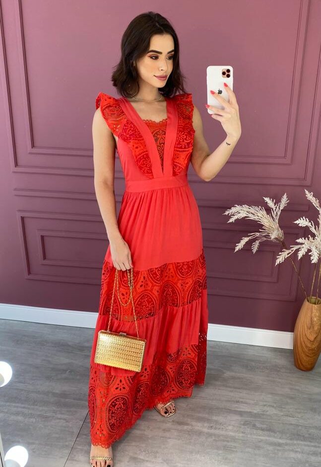 Vestido Longo sem Bojo Vermelho com Detalhes e Zíper Lateral - Fernanda Ramos Store