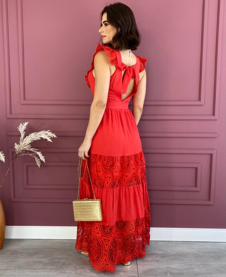 Vestido Longo sem Bojo Vermelho com Detalhes e Zíper Lateral - Fernanda Ramos Store