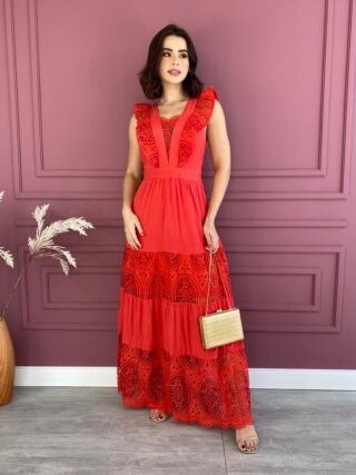 Vestido Longo sem Bojo Vermelho com Detalhes e Zíper Lateral Fernanda Ramos Store