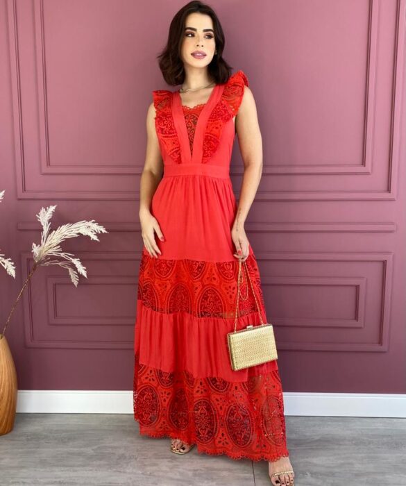 Vestido Longo sem Bojo Vermelho com Detalhes e Zíper Lateral Fernanda Ramos Store