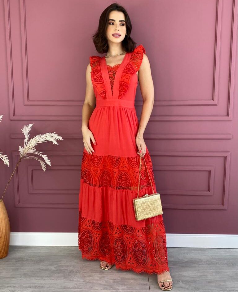 Vestido Longo sem Bojo Vermelho com Detalhes e Zíper Lateral - Fernanda Ramos Store