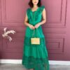 Vestido Longo sem Bojo Verde com Detalhes e Zíper Lateral Fernanda Ramos Store