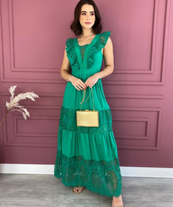 Vestido Longo sem Bojo Verde com Detalhes e Zíper Lateral Fernanda Ramos Store