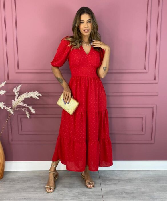 Vestido Midi com Bojo Pipoquinha Manga Curta Vermelho Fernanda Ramos Store