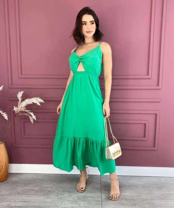 Vestido Midi com Bojo Verde com Abertura Alça Regulável Fernanda Ramos Store